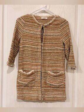 NanΓ Striped Tweed Hook Front Cardigan - Brown & Cream